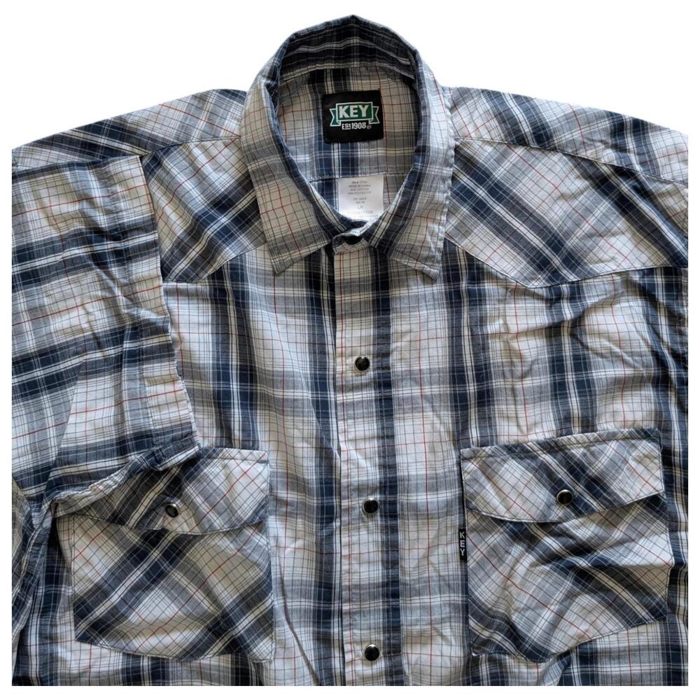 Key Shirt Mens XL Plaid Pearl Snap Western Workwear Short Sleeve Black White Red